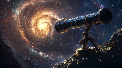 Canvas Print - Antique telescope gazing at spiral galaxy in deep space. Intergalactic Artifacts. Illustration