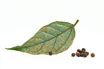 Canvas Print - Pepper leaf with spots next to pile of peppercorns