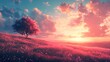 © comando - Ethereal landscape with solitary tree and blossom-filled meadow at sunset