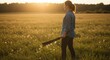 © dedy - A native american woman, brown skin, 25 years old, long black hair in a braid, holding a machete in a field