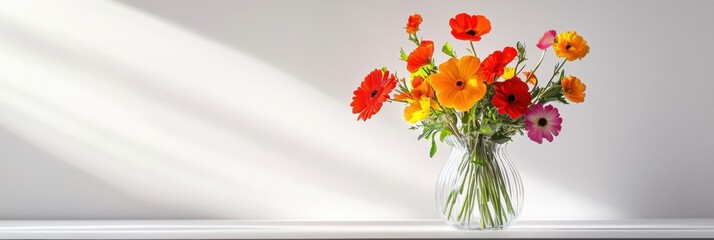 Aufkleber - Brightly colored flower bouquet in a glass vase on a shelf with natural light streaming in. Generative AI