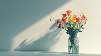 Aufkleber - Vibrant bouquet of roses and wildflowers in glass vase casting shadows on a wall in soft morning light. Generative AI