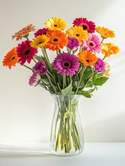 Poster - Colorful bouquet of gerbera daisies arranged in a clear glass vase on a light background. Generative AI