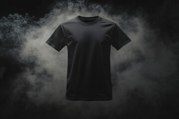 Wall Mural - Black t-shirt against a dramatic smoky background for fashion showcase