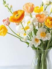 Aufkleber - Bright spring bouquet featuring ranunculus and daffodils in a clear vase on a light background. Generative AI