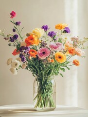 Aufkleber - Colorful bouquet of flowers arranged in a glass jar placed on a table near a window in soft natural light. Generative AI
