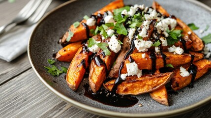 Wall Mural - A hearty plate of sweet potato wedges topped with feta and a drizzle of balsamic glaze, styled on a grey wooden table with simple cutlery