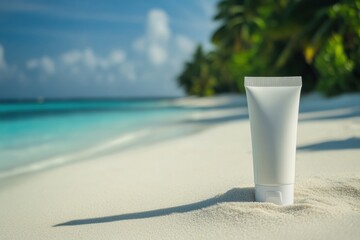 Fototapete - Cosmetics cream tube mockup resting on sand with a beautiful beach and palm trees in the background at a sunny seaside location. Generative AI