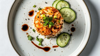 Wall Mural - Close-up of Hainanese chicken rice on a white plate, drizzled with soy-based sauce, served with cucumber slices and fresh coriander.