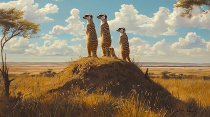 A Vigilant Meerkat Family on a Mound Under a Vast Sky, in a  Golden African Landscape