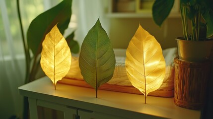 Wall Mural - Three leaves displayed on a white furniture, warm indoor scene, blurred background