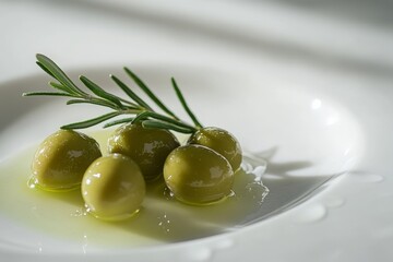 Wall Mural - green olives, brine soaked and garnished with a sprig of rosemary, placed on a clean white surface