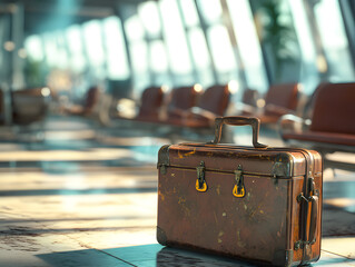 a vintage suitcase rests in a bright modern airport terminal evoking a sense of nostalgia and wander