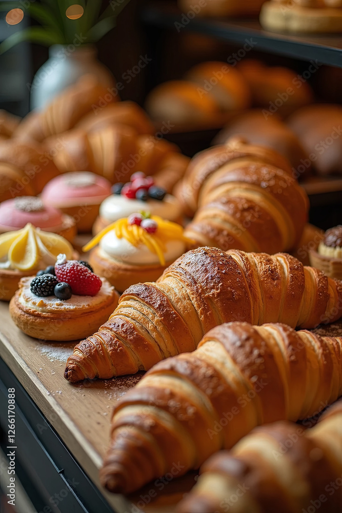 Croissants Et Fruits Rouges Assortiment de viennoiseries françaises avec croissants dorés et ...