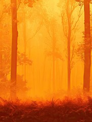 Wall Mural - misty orange forest sunrise, nature background