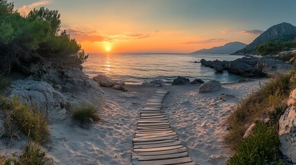 Wall Mural - Sunset Serenity: A Wooden Path to the Mediterranean Sea