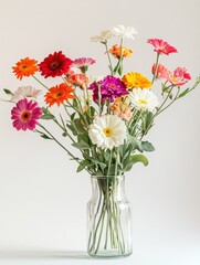 Aufkleber - Colorful bouquet of gerbera daisies arranged in a glass vase for display in a bright indoor setting during daylight hours. Generative AI