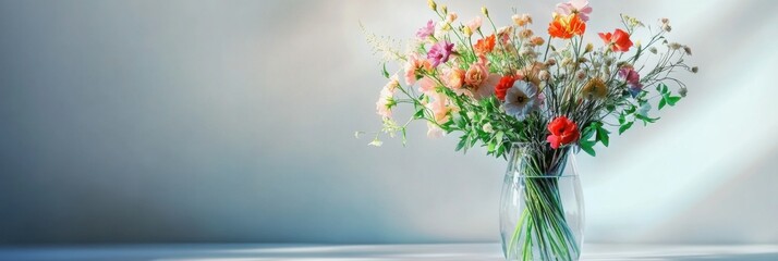 Aufkleber - Vibrant flower bouquet in a clear vase placed on a light surface during daylight. Generative AI