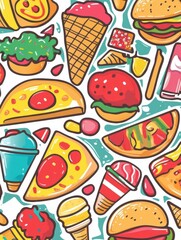 Poster - Playful food stickers featuring pizza slices, tacos, ice cream cones and burgers in a vibrant, colorful design for fun decor or crafts. Generative AI