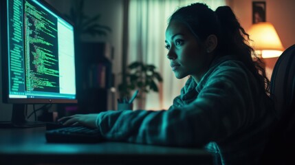 woman programmer coding late at night