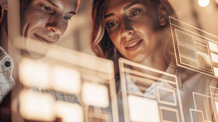 A close view of a designer and a developer collaborating on a holographic interface their faces illuminated by the soft light of floating graphics and data visualizations.