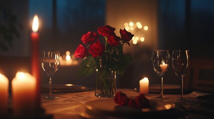Poster - Romantic candlelight dinner with red roses and soft lighting creating an intimate atmosphere. Generative AI