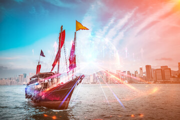 Poster - Hong Kong skyline with a traditional junk boat sailing. Double exposure concept evokes a sense of growing up and the city's evolving identity.