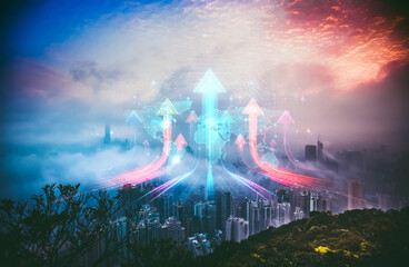 Aufkleber - Double exposure concept of Hong Kong cityscape with glowing arrows growing up into the sky, symbolizing progress and development.