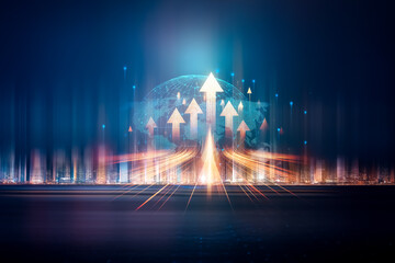 Poster - A double exposure concept featuring Hong Kong's cityscape with digital arrows growing and pointing up, symbolizing progress and development.