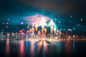 Poster - Hong Kong skyline merges with upward arrows in a double exposure concept. Growing city lights reflect, symbolizing progress and growth. A vibrant, futuristic urban scene.
