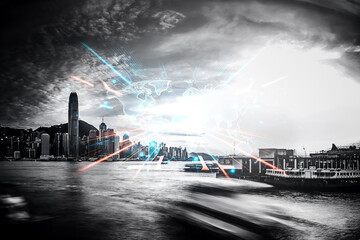 Poster - A double exposure concept showing Hong Kong skyline.  Urban cityscape with growing lines overlaid, suggesting development and progress up into the future.