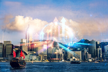 Poster - Hong Kong cityscape with double exposure, growing concept with upward arrows over skyline. Shows urban development and future vision.