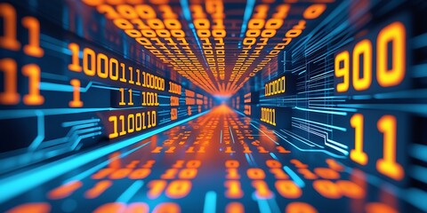 Futuristic digital highway with glowing binary code, representing data flow, cyber technology, artificial intelligence, and high-speed internet in a modern sci-fi cyberspace environment

