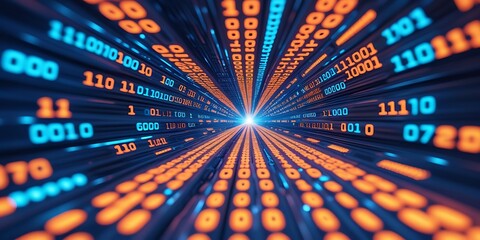 Futuristic digital highway with glowing binary code, representing data flow, cyber technology, artificial intelligence, and high-speed internet in a modern sci-fi cyberspace environment


