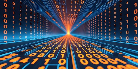 Futuristic digital highway with glowing binary code, representing data flow, cyber technology, artificial intelligence, and high-speed internet in a modern sci-fi cyberspace environment

