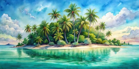 Wall Mural - Serene Tropical Island Paradise A Lush Watercolor Painting of a Picturesque Sandy Beach, Abundant Palm Trees, and Tranquil Turquoise Waters under a Vivid Sky