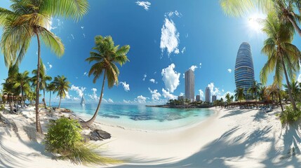 Wall Mural - A stunning 360-degree view of beautiful beaches and modern skyscrapers, perfect blue sky, ideal for VR, copy space.