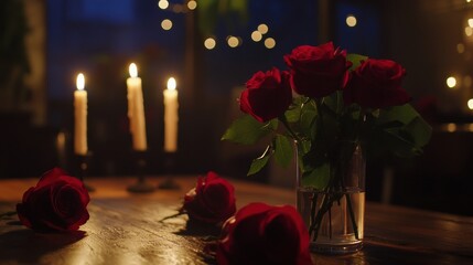Poster - Romantic candlelit dinner with red roses and soft lighting in a cozy setting. Generative AI