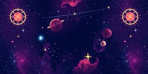 Wall Mural - Seamless galaxy pattern with cosmic elements such as stars, planets, and nebulae, celestial, futuristic, themed