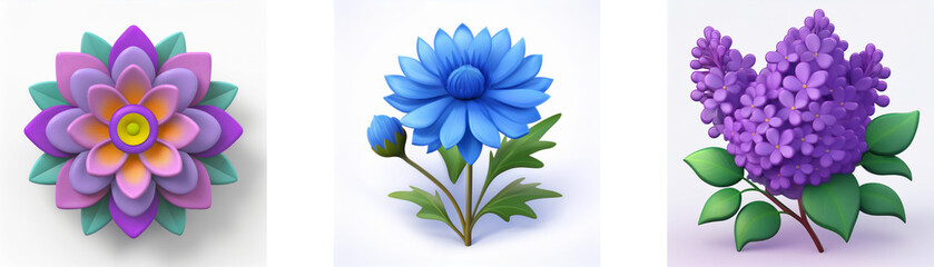 Wall Mural - stylized floral set featuring a layered purple flower, a blue chrysanthemum with bud, and a purple l
