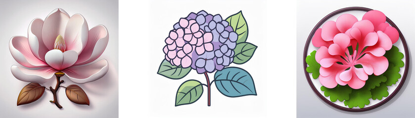 Wall Mural - illustrations of three flowers: pink magnolia, blue hydrangea, and pink geranium on a plate. each fl
