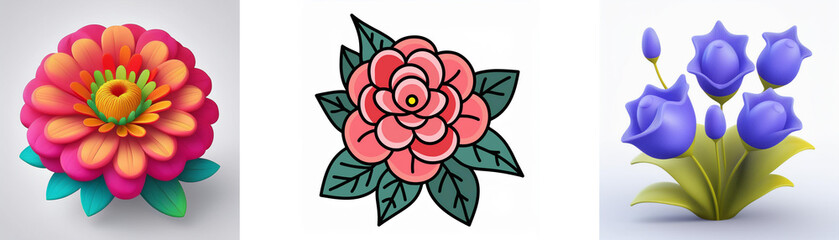 Wall Mural - three flower illustrations are depicted: a vibrant daisy-like blossom, a classic pink rose with foli