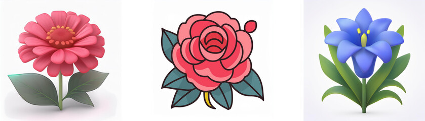 Wall Mural - three flower illustrations in pink, red, and blue colors. each flower has green leaves and a stem. t