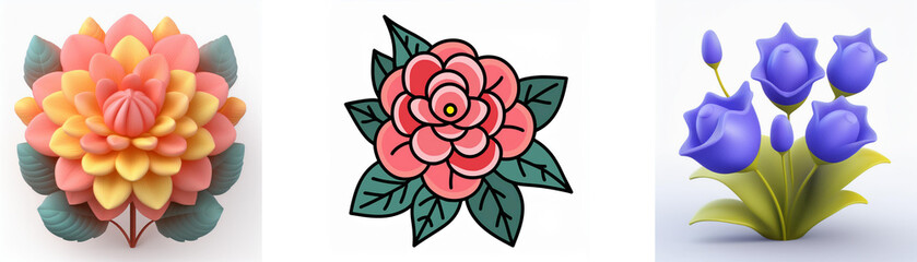 Wall Mural - a set of three floral illustrations: a realistic dahlia, a cartoon rose, and a simple bouquet of blu