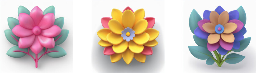 Wall Mural - Three stylized flowers in pink, yellow, and blue hues are presented against a bright white backdrop, showcasing layered petals and leaves.