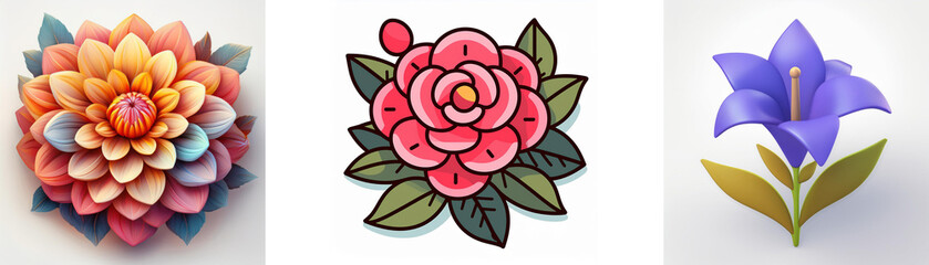 Wall Mural - three flower illustrations are displayed: a vibrant multi-layered bloom, a classic red rose with gre