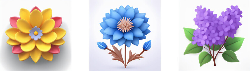 Wall Mural - three different floral illustrations: a layered yellow-red flower, a blue flower with buds, and a pu