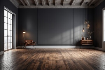 Wall Mural - Empty room with black wall and wooden floor in a vintage interior design