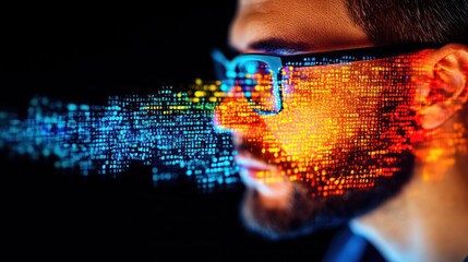 digital transformation: a man's face merged with binary code