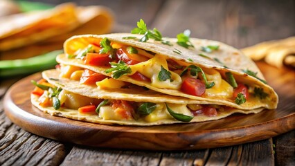 Wall Mural - Crispy tortilla with melted cheese and savory fillings , close-up, tortilla,  close-up, tortilla